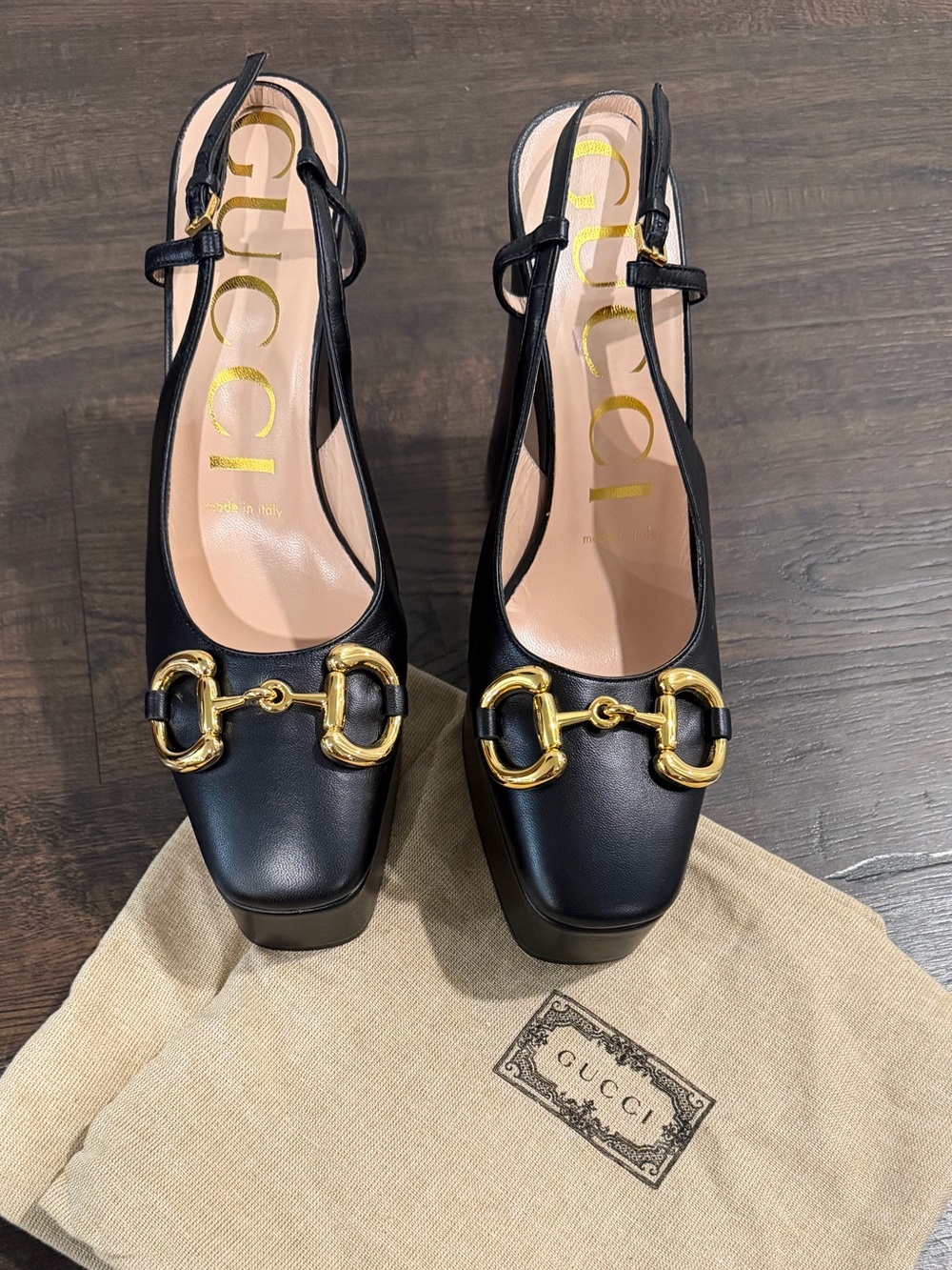 Gucci Black Leather Slingback Pumps with Gold Horsebit - Picture 15 of 16